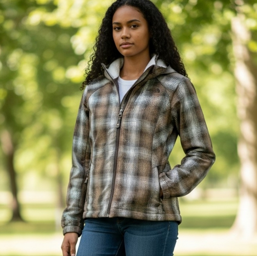The North Face Women's Plaid Brown & White Jacket Size Small Lining Fleece